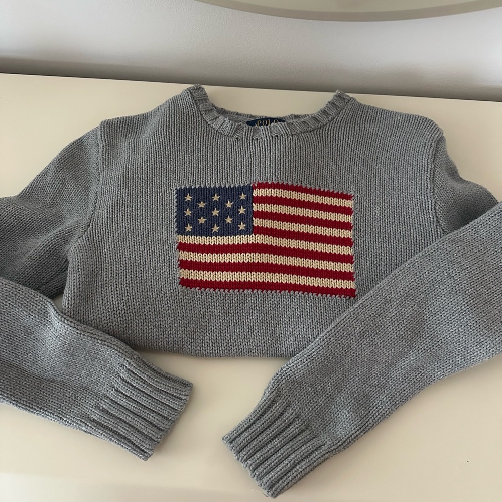 POLO, Ralph Lauren Girls 14/16 Gray American Flag Sweater 🇺🇸
